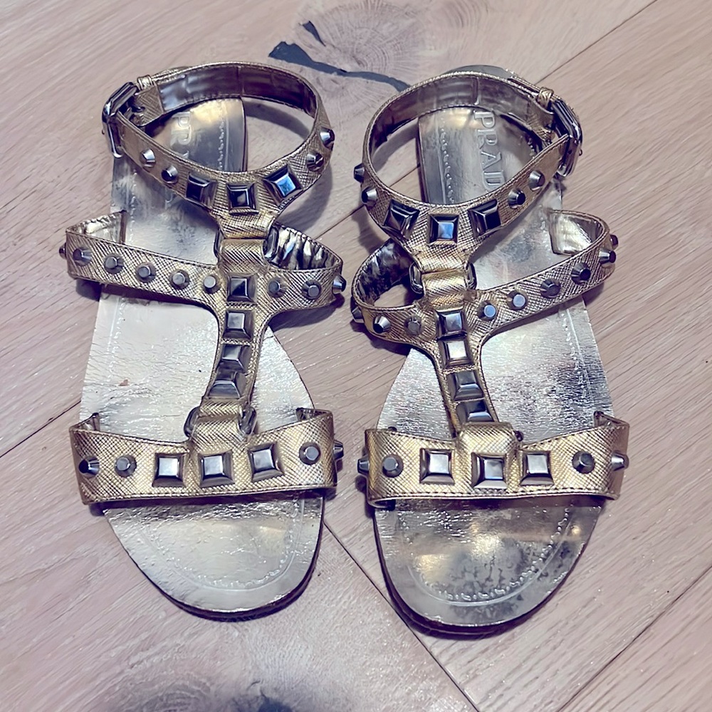 Prada gold with silver stud sandals. With ankle strap.